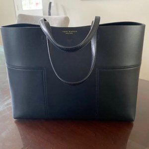 TORY BURCH black leather Block T Tote with pouch